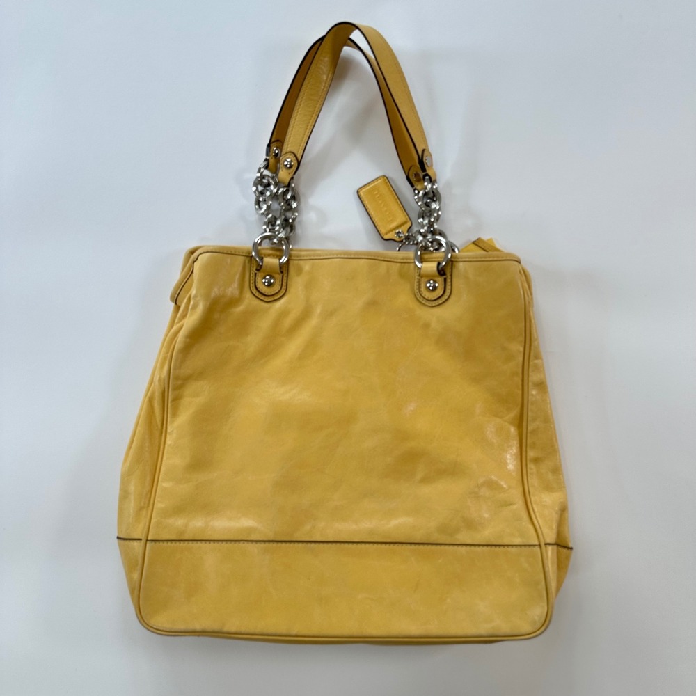 Coach Yellow Leather Tote Bag Silver Chain Strap Front Pocket Flap Closure - Picture 3 of 8